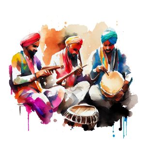 vector watercolor illustration of happy people dancing on holi dust in India .